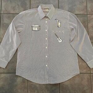 Vintage Women Las Olas Navy White Stripe Button Down  Musical Instrument Stars L